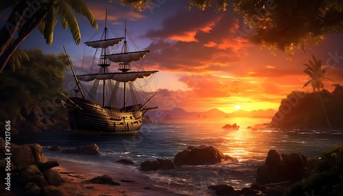 Dramatic sunset illuminating a pirate ship anchored near a secluded island, treasure chest partly buried in the foreground