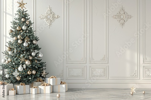 A Christmas tree decorated with white and gold ornament. Generate AI image