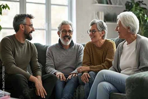 Smiling senior couple sitting on sofa in living room, talking with adult son and daughter, looking at each other, enjoying family weekend together at home