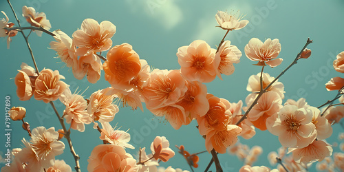 Flower petals against blue sky, growing on plant branch in artistic pattern