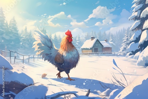 cartoon illustration, a chicken is walking in the snow