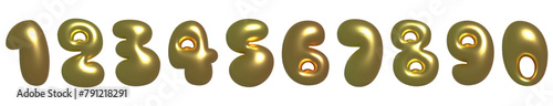 Complete Bubbly 3d set of numbers from one to zero in a golden matte finish, with soft lighting and shadows. Bubble Realistic number in Y2K style. Playful design inspired by 2000s or 90s, inflated