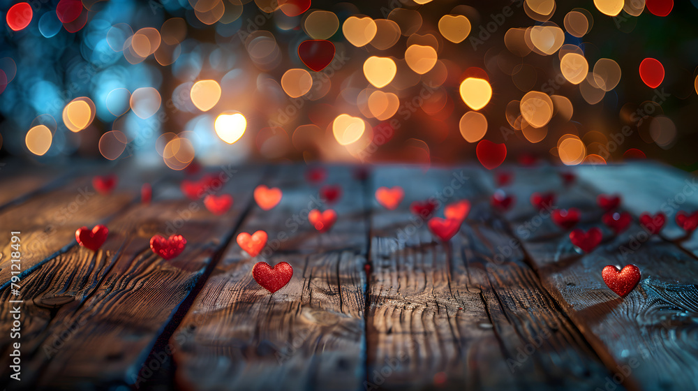 Valentine's Day background with heart bokeh and wooden table, perfect for romantic gift or celebration