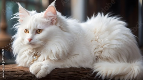 Gorgeous snow-colored Turkish angora cat with white fluff.