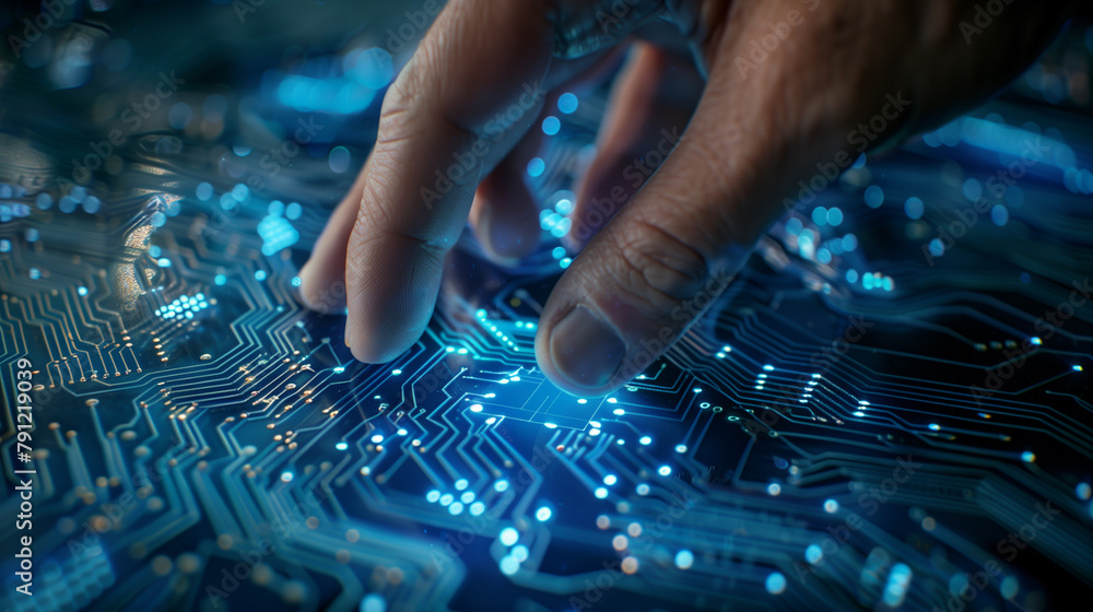 A hand is touching a blue circuit board. Concept of curiosity and exploration, as the hand is reaching out to touch the intricate patterns and designs on the board A hand is touching a blue circuit board. Concept of curiosity and exploration, as the hand is reaching out to touch the intricate patterns and designs on the board