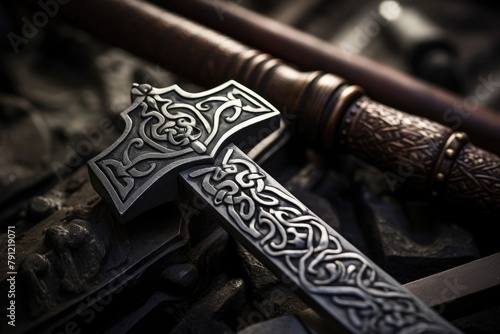 Forged Details: Close-up of the fine details in the forging process of a weapon.