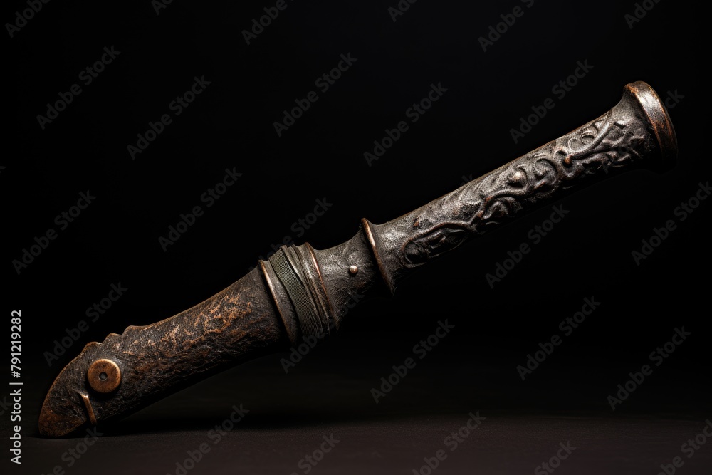Weathered Handle: Showcase the aged and weathered handle of a weapon.