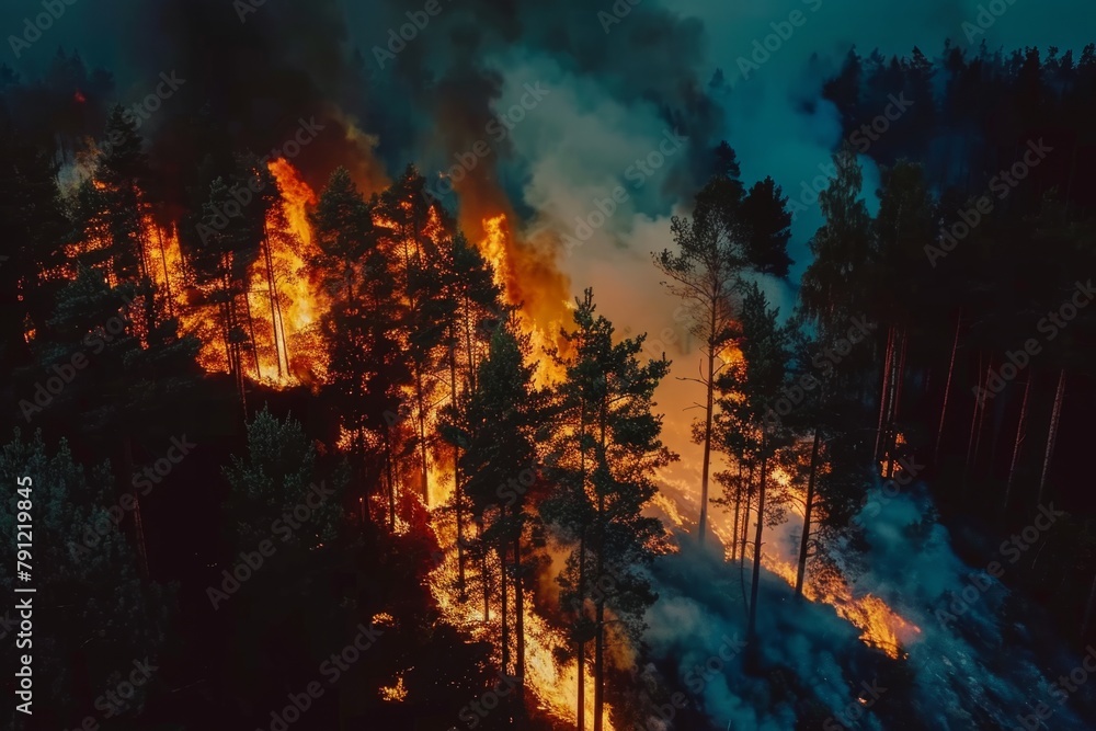 Wildforest fire burning forest trees eecological disaster smoke aerial view from helicopter danger death animals damage hazard blaze pollution tragedy