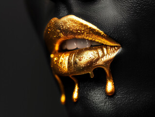 Fotobehang Zwart goud Druipend goud op donker modelgezicht  © Digital Storm