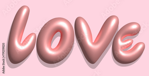 Baloon 3D pink bubble love in Y2K style. Playful design inspired by 2000s or 90s, inflated letters. Trendy English type. Realistic vector illustration