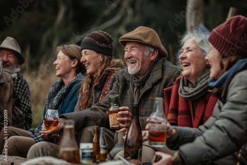 Group of happy senior friends drinking beer and having fun in the nature.