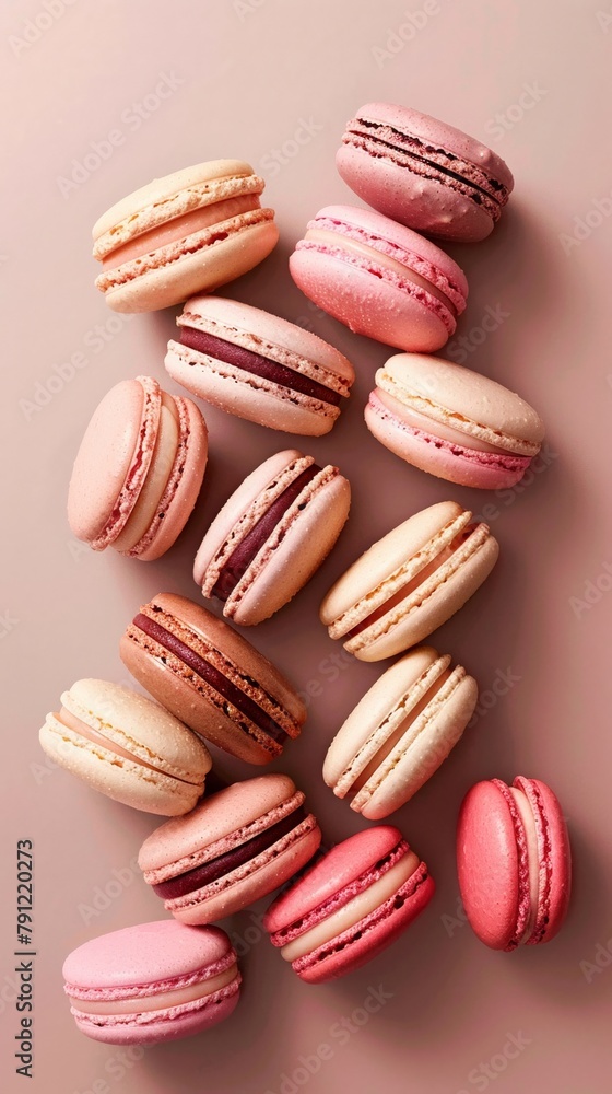 A row of pink and white macarons are arranged on a table A row of pink and white macarons are arranged on a table
