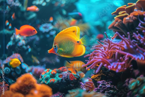 Beautiful colorful coral reef fish in an aquarium. Generate AI image © Ashalina