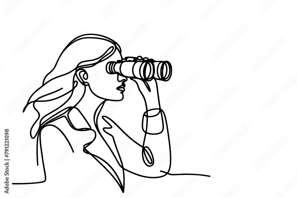 One continuous black line hand drawing of traveler woman standing, holding binocular and looking into distance with binoculars linear sketch doodle on white background vector One continuous black line hand drawing of traveler woman standing, holding binocular and looking into distance with binoculars linear sketch doodle on white background vector