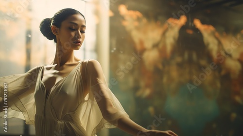 Asian ballet dancer practicing in a studio, elegant movements, dedication to the arts, mirrored walls photo