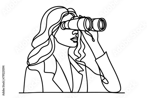 One continuous black line hand drawing of traveler woman standing, holding binocular and looking into distance with binoculars linear sketch doodle on white background vector