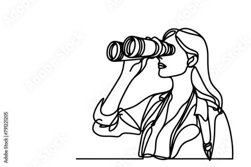 One continuous black line hand drawing of traveler woman standing, holding binocular and looking into distance with binoculars linear sketch doodle on white background vector