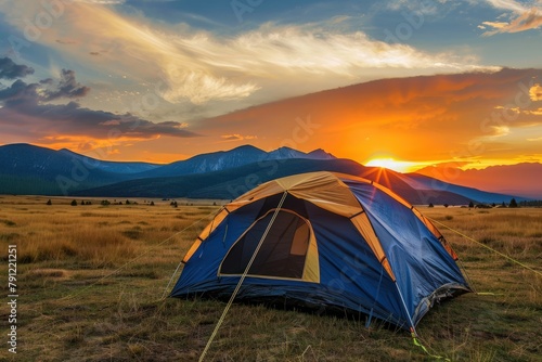 Beautiful sunrise over the mountains with tents. Generate AI image