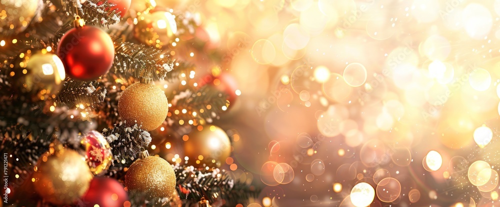 Closeup of a Christmas tree with golden and red ornaments. Generate AI image Closeup of a Christmas tree with golden and red ornaments. Generate AI image
