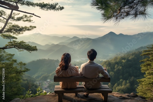 Asian couple enjoying a quiet moment on a mountain overlook, nature and relationship, serene view