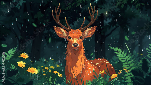 illustration of a deer in the rain flat style