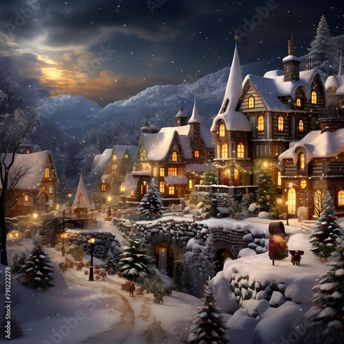 Christmas and New Year holiday background. Winter village at night with snowfall. © Iman