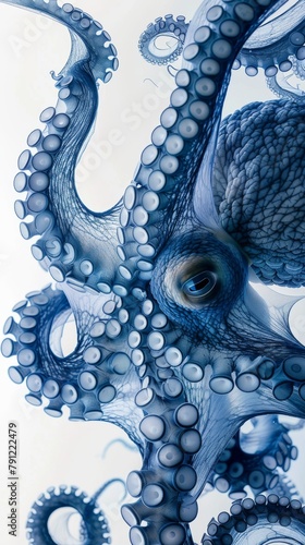 the xray image of a octopus has been taken,close up, only show part of the object, in the style of mori kei, precisionist art, plastic, deconstructed minimalism, atmospheric blues, elegantly photo