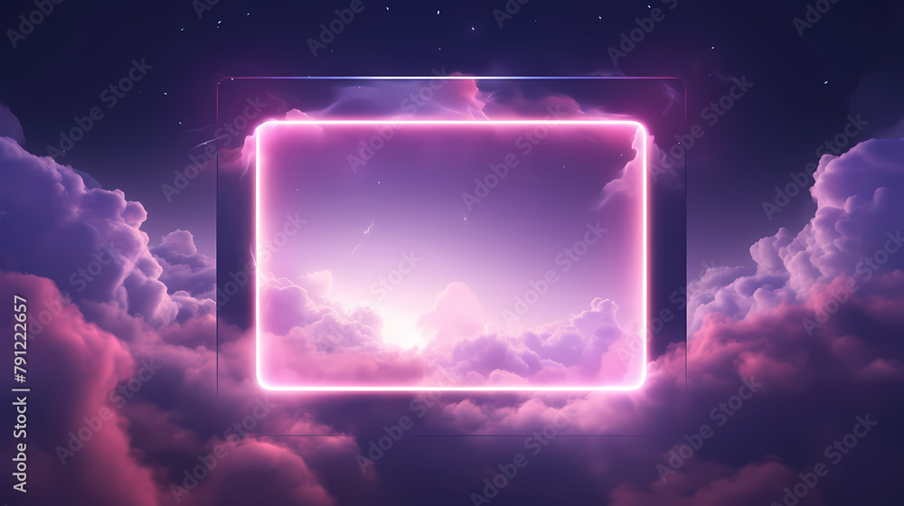Obraz premium Glowing neon frame with pink and purple colors floating in the sky