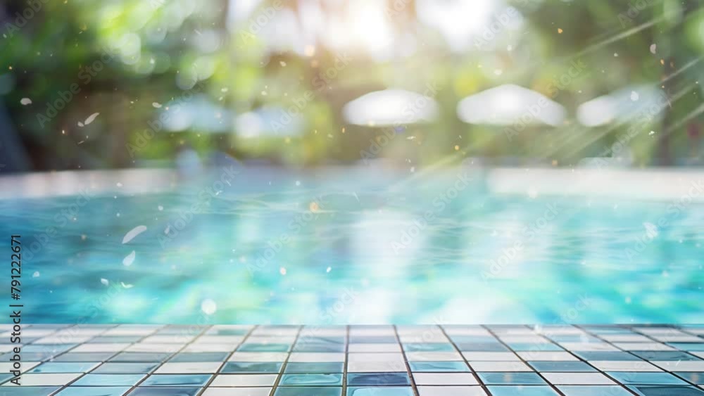 empty white ceramic mosaic table top and blurred swimming pool ...