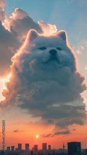This image depicts a whimsical baby Shiba Inu-shaped cloud looming in the sky at sunrise. This pure white Shiba Inu-shaped cloud is enormous, its fluffy white body filling the sky with disti
