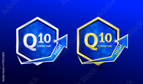 High coenzyme Q10 in hexagon shape aluminum gold and silver with shine arrow. Used for design nutrition supplement products. Minerals label symbol logo 3D on blue background. Vector EPS10.