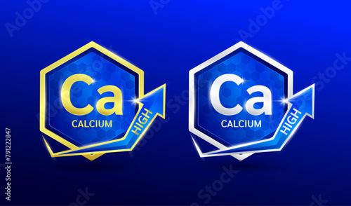 High calcium minerals in hexagon shape aluminum gold and silver with shine arrow. Used for design nutrition supplement products. Vitamins label symbol logo 3D on blue background. Vector EPS10.