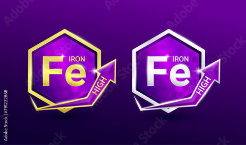 High iron minerals in hexagon shape aluminum gold and silver with shine arrow. Used for design nutrition supplement products. Vitamins label symbol logo 3D on purple background. Vector EPS10.