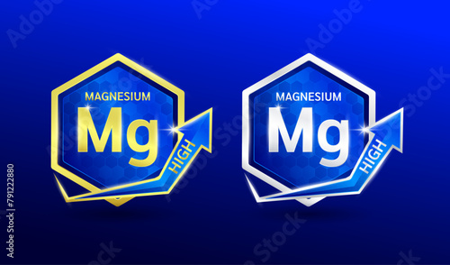 High magnesium minerals in hexagon shape aluminum gold and silver with shine arrow. Used for design nutrition supplement products. Vitamins label symbol logo 3D on blue background. Vector EPS10.