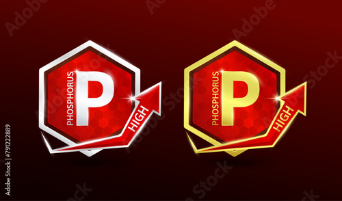 High phosphorus minerals in hexagon shape aluminum gold and silver with shine arrow. Used for design nutrition supplement products. Vitamins label symbol logo 3D on red background. Vector EPS10.