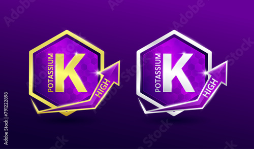 High potassium minerals in hexagon shape aluminum gold and silver with shine arrow. Used for design nutrition supplement products. Vitamins label symbol logo 3D on purple background. Vector EPS10.