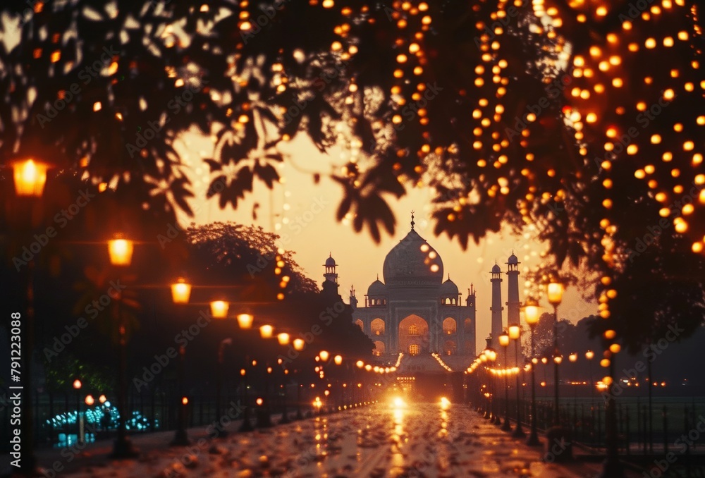 Evening panoramic view of Taj Mahal at sunset. Happy Independence Day of India. Ramadan, Ugadi, Eid al-Fitr or Eid al-Adha. Diwali, Pongal, Gudi Padwa. Banner, poster, greeting card.