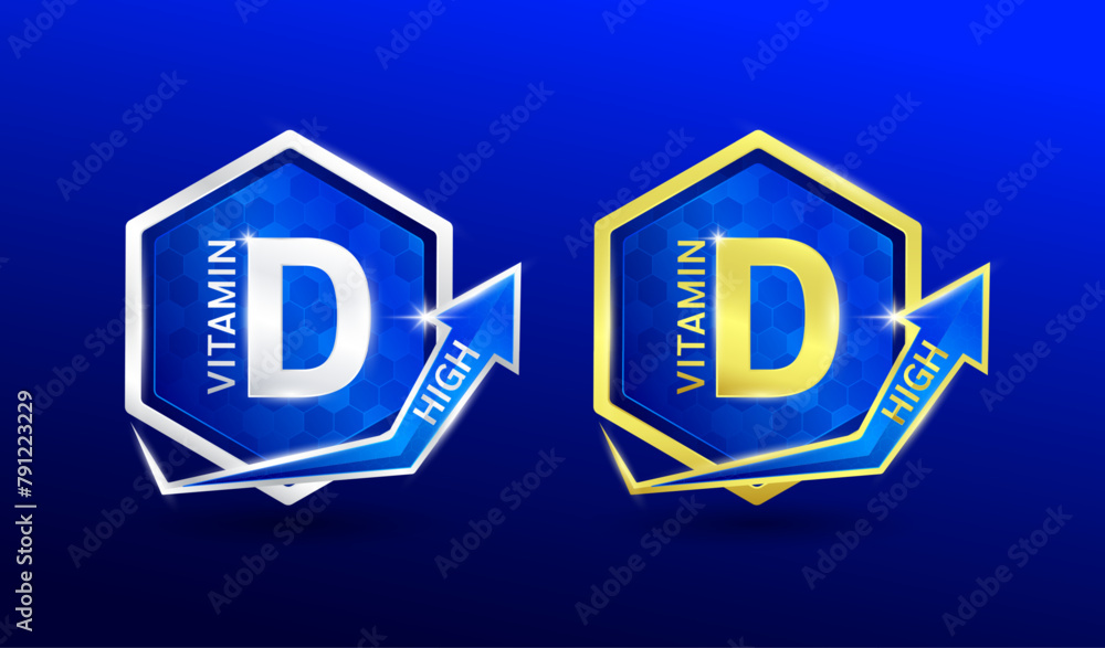 High vitamin D in hexagon shape aluminum gold and silver with shine arrow. Used for design nutrition supplement products. Minerals label symbol logo 3D on blue background. Vector EPS10. High vitamin D in hexagon shape aluminum gold and silver with shine arrow. Used for design nutrition supplement products. Minerals label symbol logo 3D on blue background. Vector EPS10.