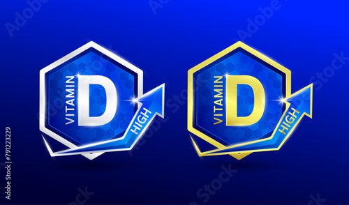 High vitamin D in hexagon shape aluminum gold and silver with shine arrow. Used for design nutrition supplement products. Minerals label symbol logo 3D on blue background. Vector EPS10.