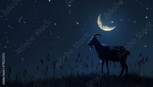 Goat or sacrificial sheep silhouette on dark night evening stars sky background. Eid Al Adha Mubarak, Eid Al Adha festival symbol. For banner, card, poster,  with  place for text. photo