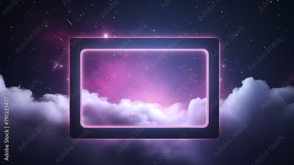 Obraz premium Glowing neon frame with pink and purple colors floating in the sky