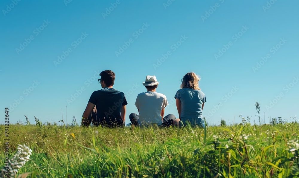 Three young people sitting on the grass, Generative AI Three young people sitting on the grass, Generative AI