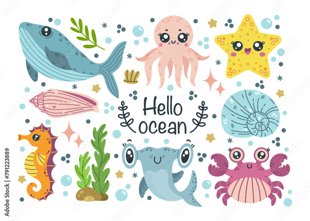Sea animals vector set. Ocean life - blue whale, seahorse, baby shark, funny starfish, octopus, cute crab. Underwater creatures among algae, shells, bubbles. Hand drawn marine doodle, cartoon clipart Sea animals vector set. Ocean life - blue whale, seahorse, baby shark, funny starfish, octopus, cute crab. Underwater creatures among algae, shells, bubbles. Hand drawn marine doodle, cartoon clipart