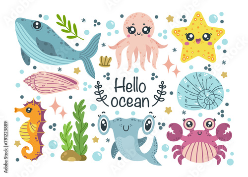 Sea animals vector set. Ocean life - blue whale, seahorse, baby shark, funny starfish, octopus, cute crab. Underwater creatures among algae, shells, bubbles. Hand drawn marine doodle, cartoon clipart