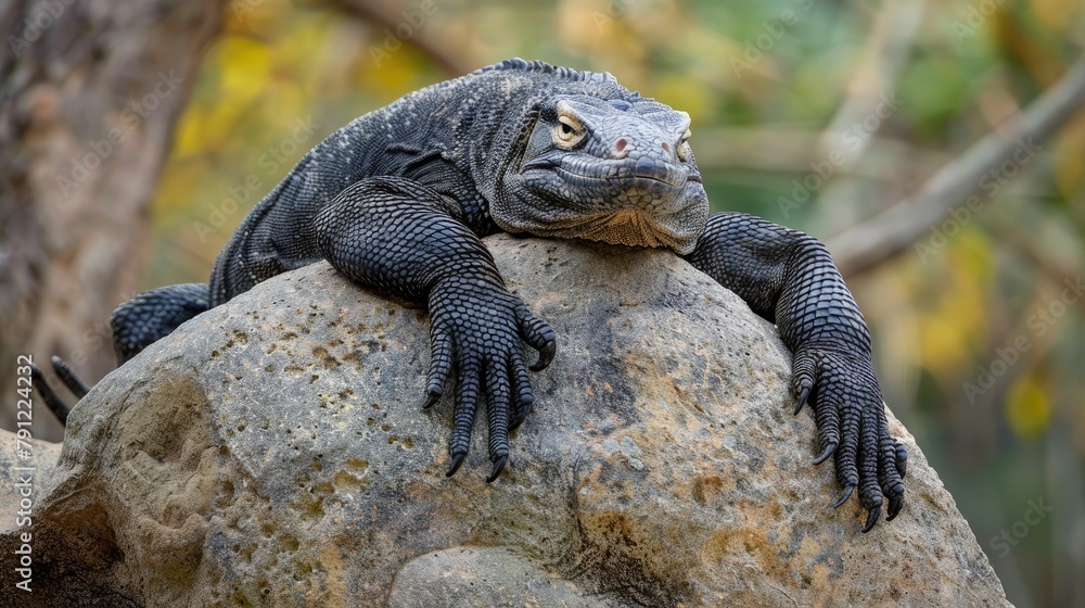 Monitor lizard basking on a rock to keep warm Monitor lizard basking on a rock to keep warm