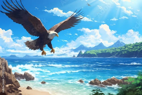 cartoon illustration, an eagle is flying on the beach photo