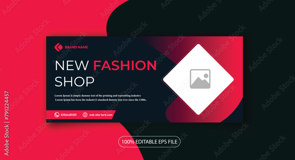 New fashion shop facebook cover page timeline web ad banner template with photo place modern layout dark red pink background and text design template