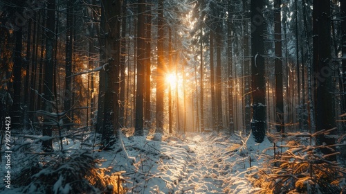 The sight of the sun peeking through the trees brings a glimmer of hope for spring in the midst of winter A snowy scene of pine forest with sunlight filtering through