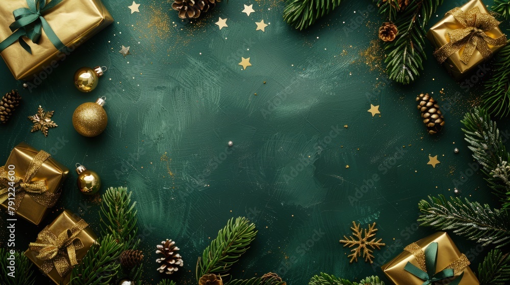 Gold and green Christmas background with space for greetings. Generate AI image