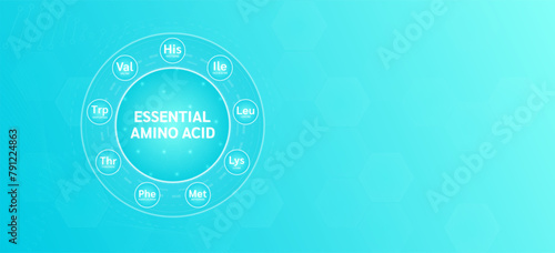 9 Essential Amino Acids. Biomolecules that combine to form proteins. Nutrients necessary for health muscle. Banner blue with empty space for text. For ads dietary supplements. Medical science. Vector.